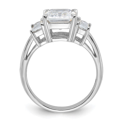 Sterling Silver Rhodium Plated Emerald Cut Cz 3 Stone Ring