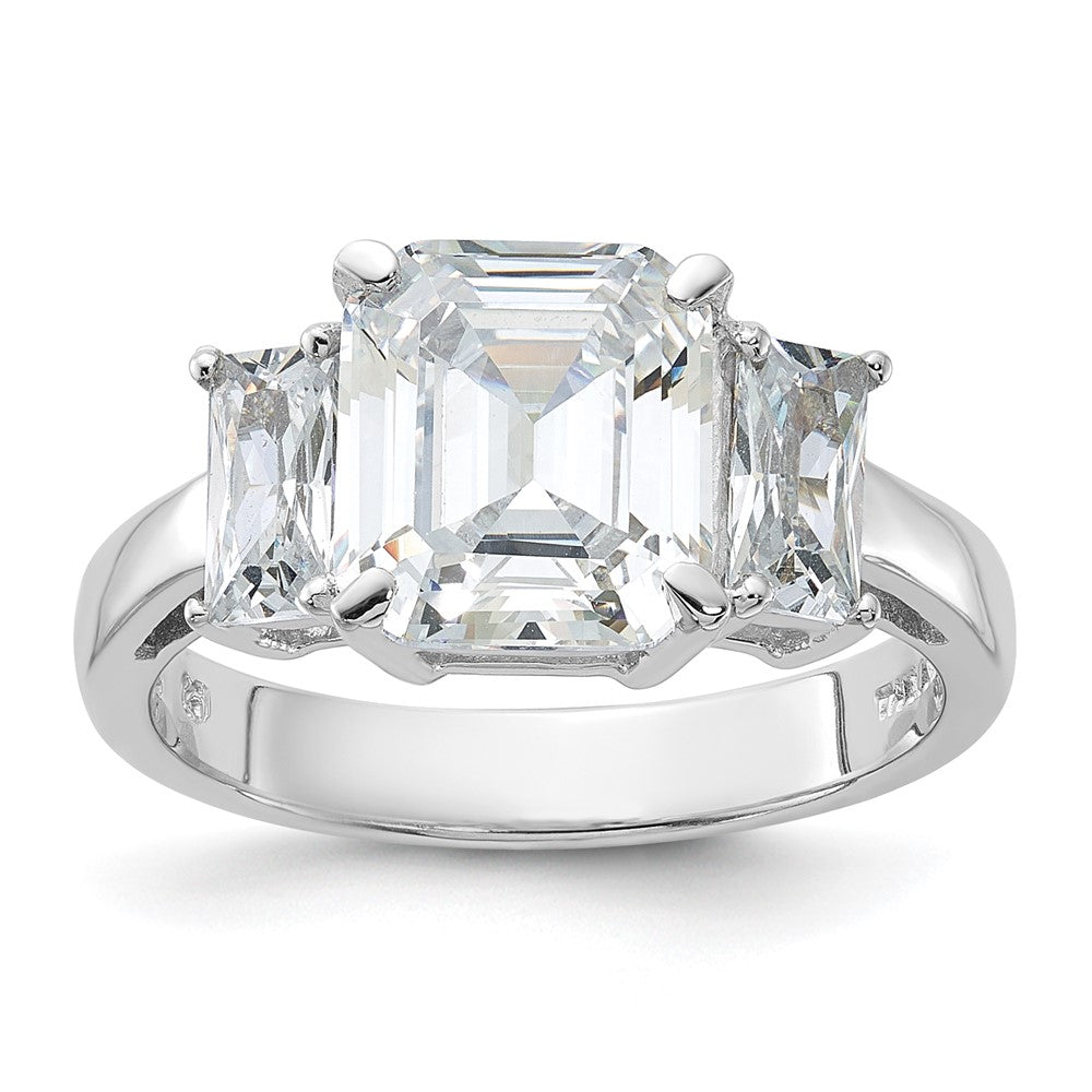 Sterling Silver Rhodium Plated Emerald Cut Cz 3 Stone Ring