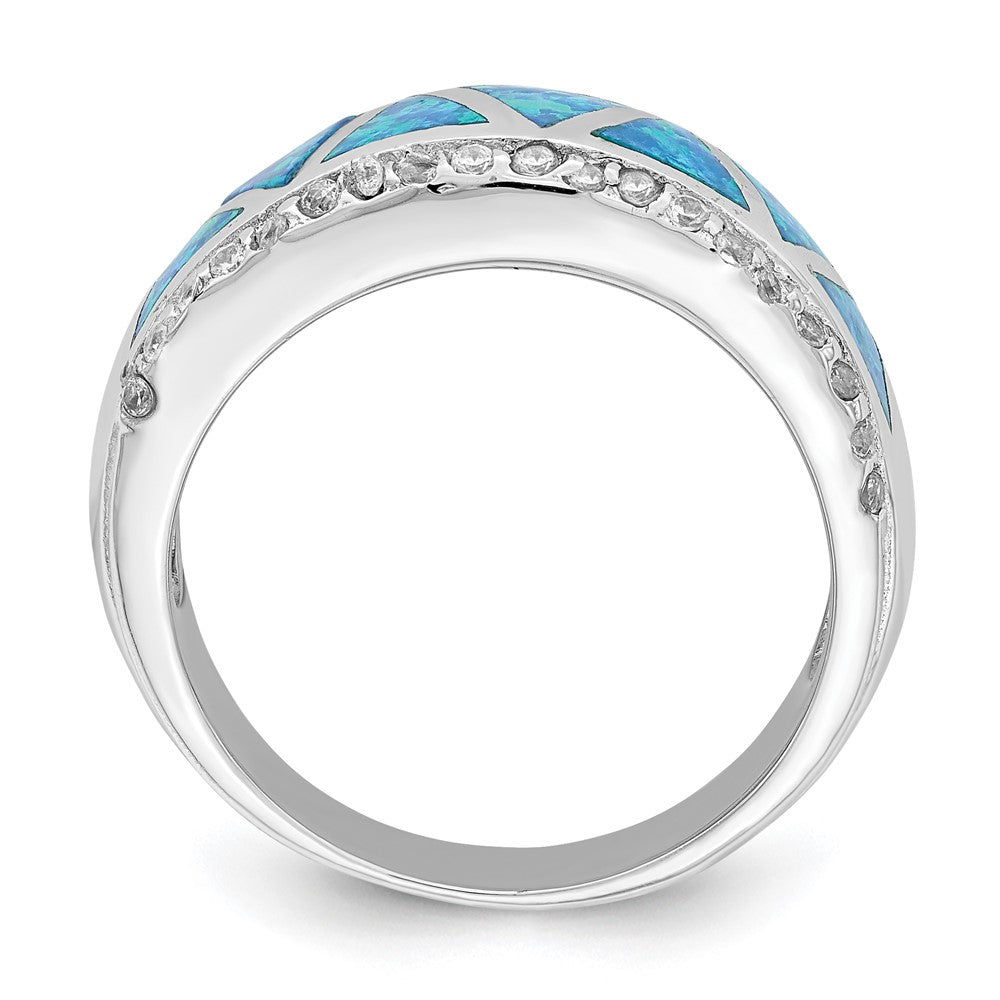 Sterling Silver Rhodium Plated Triangle Lab Created Blue Opal & Cz Ring
