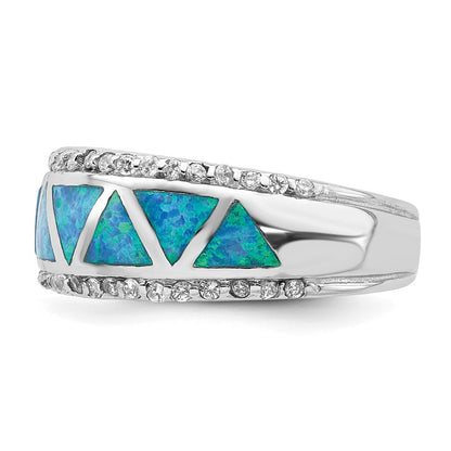 Sterling Silver Rhodium Plated Triangle Lab Created Blue Opal & Cz Ring