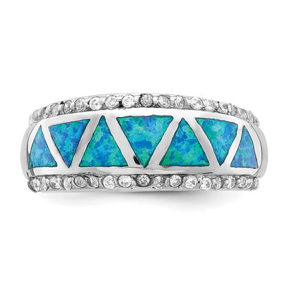 Sterling Silver Rhodium Plated Triangle Lab Created Blue Opal & Cz Ring