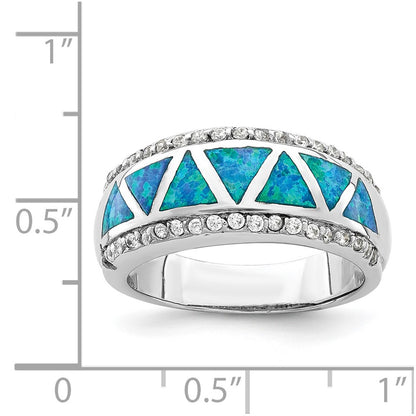 Sterling Silver Rhodium Plated Triangle Lab Created Blue Opal & Cz Ring