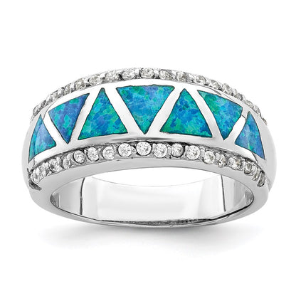 Sterling Silver Rhodium Plated Triangle Lab Created Blue Opal & Cz Ring
