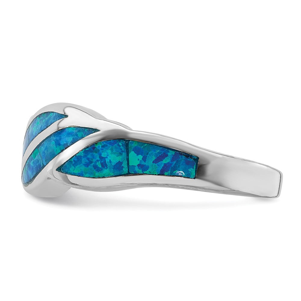 Sterling Silver Rhodium Plated Created Blue Opal Inlay Ring