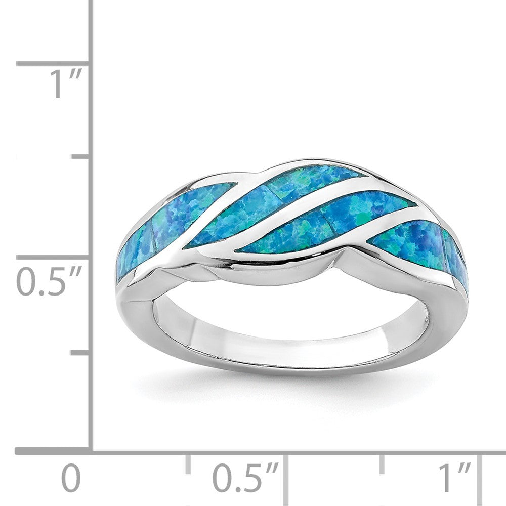 Sterling Silver Rhodium Plated Created Blue Opal Inlay Ring