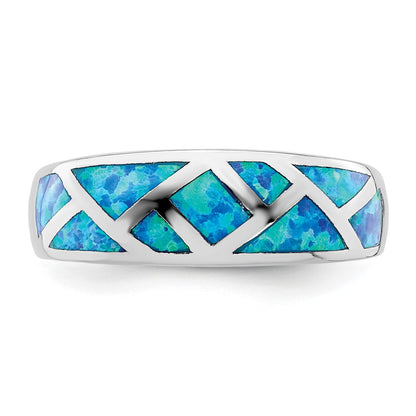 Sterling Silver Rhodium Plated Geometric Lab Created Blue Opal Ring