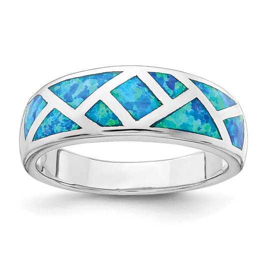 Sterling Silver Rhodium Plated Geometric Lab Created Blue Opal Ring