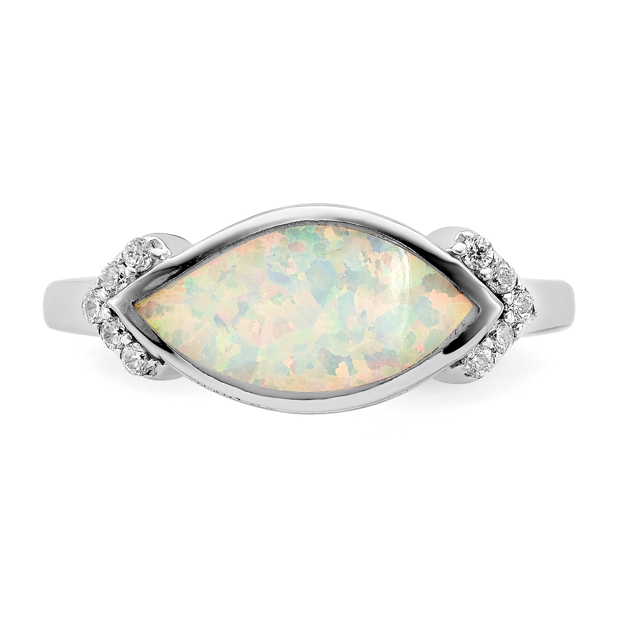 Sterling Silver Rhodium Plated Marquise Lab Created Opal & Cz Ring