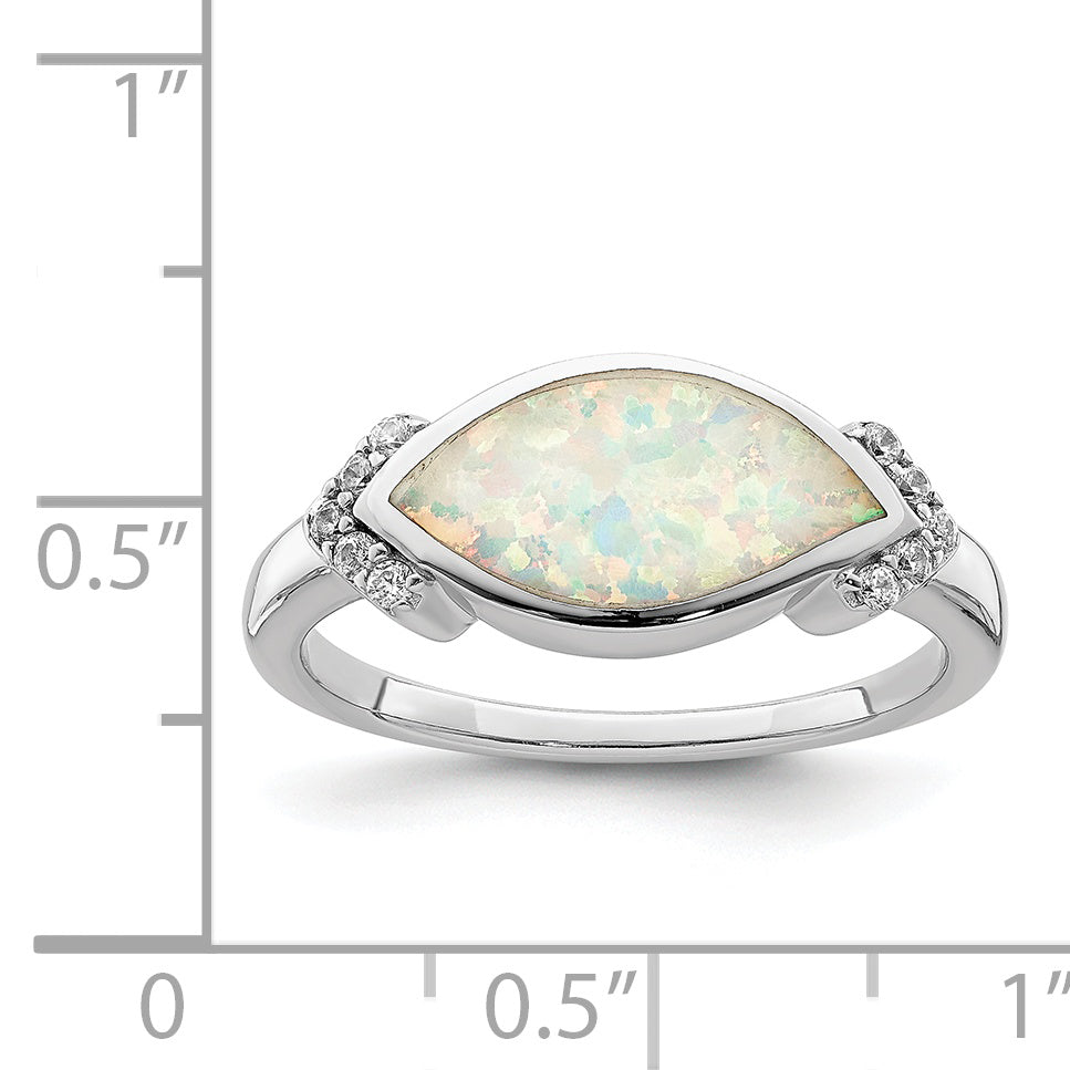 Sterling Silver Rhodium Plated Marquise Lab Created Opal & Cz Ring