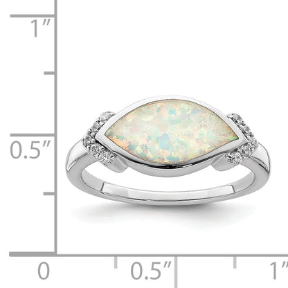 Sterling Silver Rhodium Plated Marquise Lab Created Opal & Cz Ring