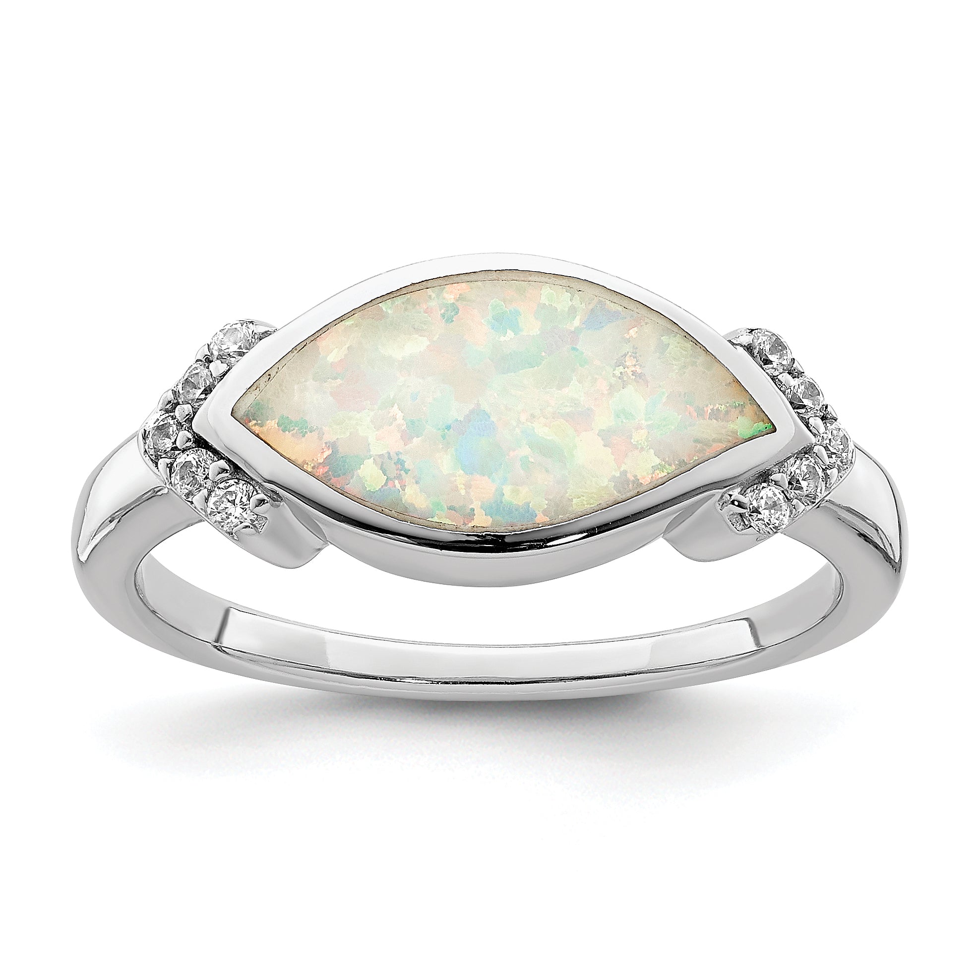 Sterling Silver Rhodium Plated Marquise Lab Created Opal & Cz Ring