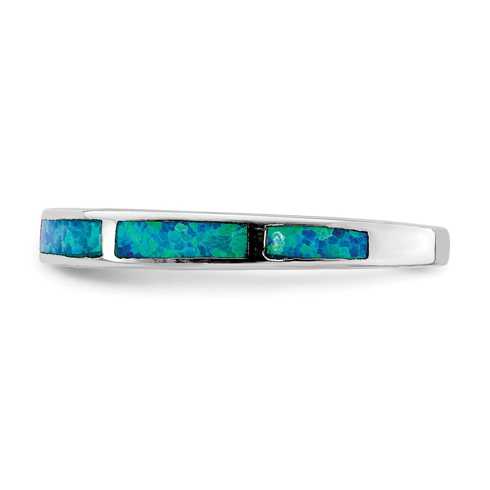 Sterling Silver Rhodium Plated Lab Created Blue Opal Inlay Band