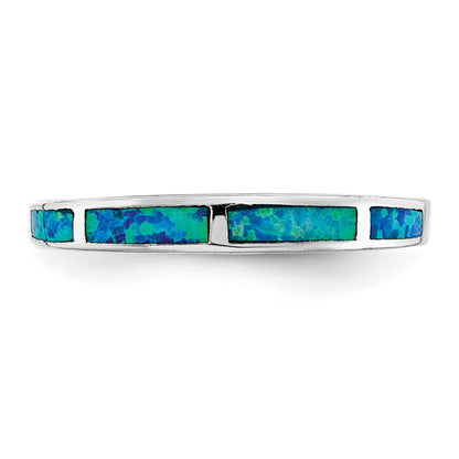 Sterling Silver Rhodium Plated Lab Created Blue Opal Inlay Band
