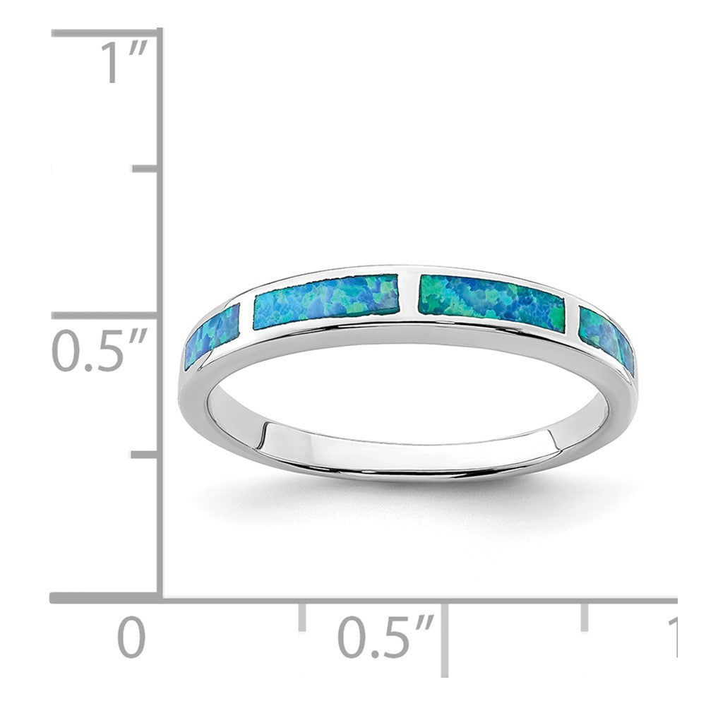 Sterling Silver Rhodium Plated Lab Created Blue Opal Inlay Band