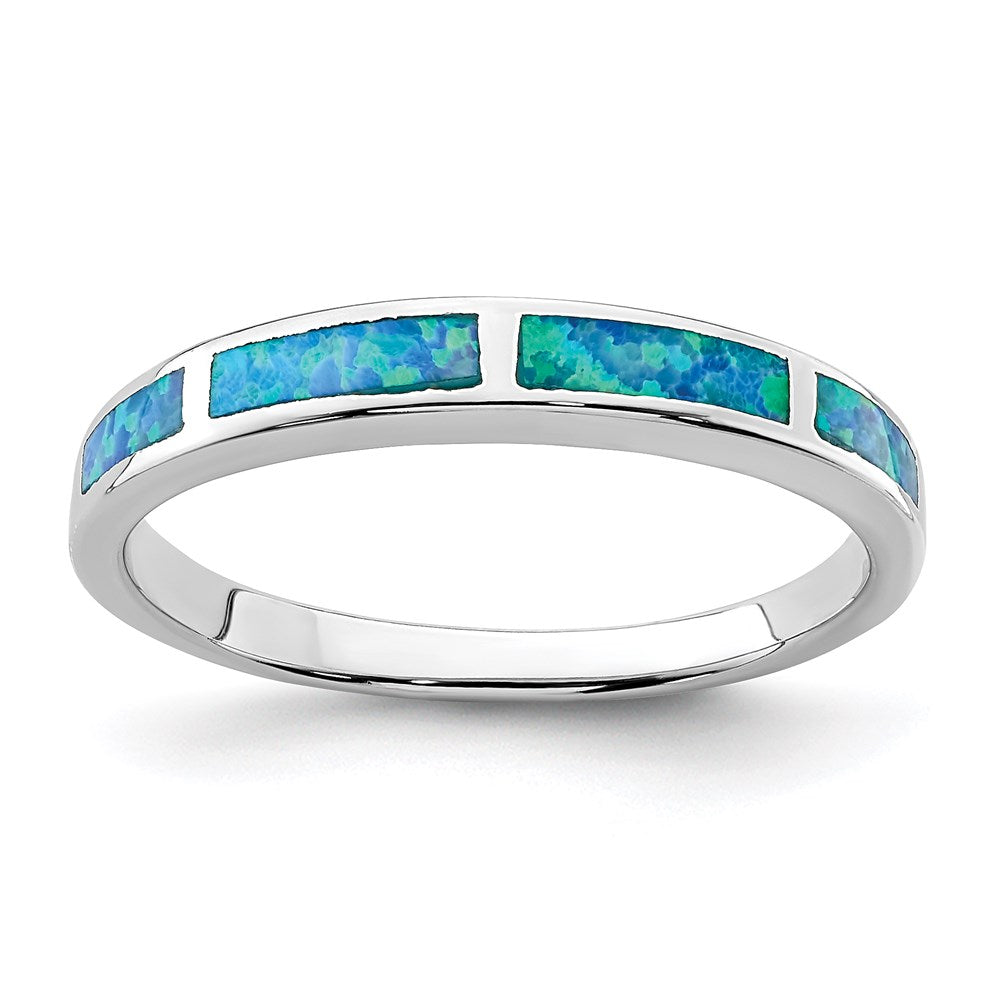 Sterling Silver Rhodium Plated Lab Created Blue Opal Inlay Band