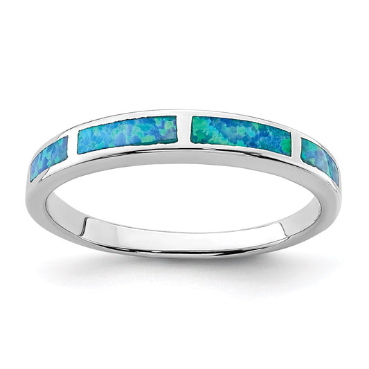 Sterling Silver Rhodium Plated Lab Created Blue Opal Inlay Band