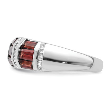 Sterling Silver Rhodium Plated Baguette Garnet & White Topaz Ring (Size 6 Only)