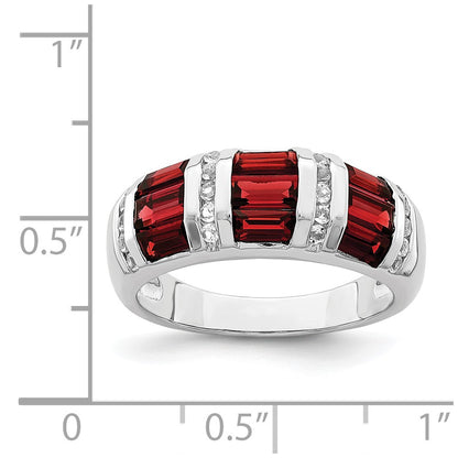 Sterling Silver Rhodium Plated Baguette Garnet & White Topaz Ring (Size 6 Only)