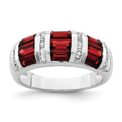 Sterling Silver Rhodium Plated Baguette Garnet & White Topaz Ring (Size 6 Only)