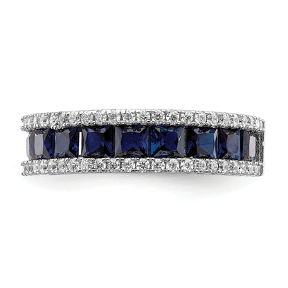 Sterling Silver Rhodium Plated Synthetic Blue Spinel & Cz Ring