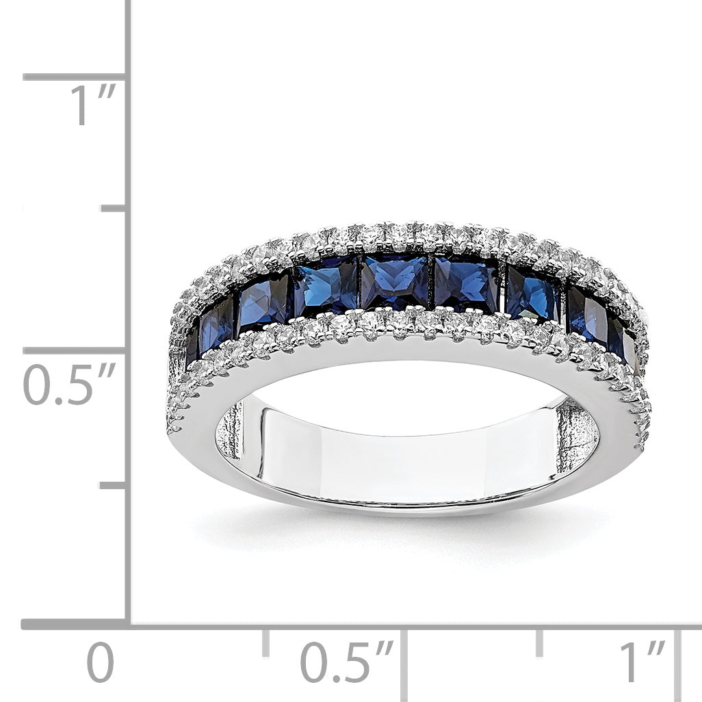 Sterling Silver Rhodium Plated Synthetic Blue Spinel & Cz Ring