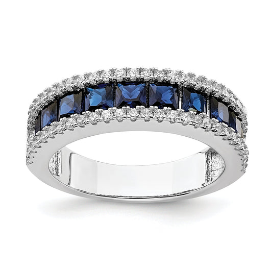 Sterling Silver Rhodium Plated Synthetic Blue Spinel & Cz Ring