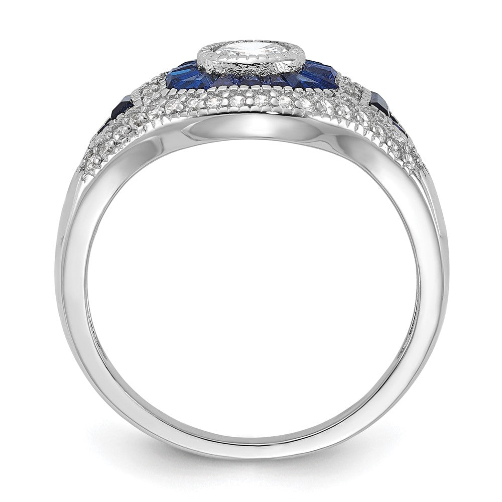 Sterling Silver Rhodium Plated Synthetic Blue Spinel & Cz Ring