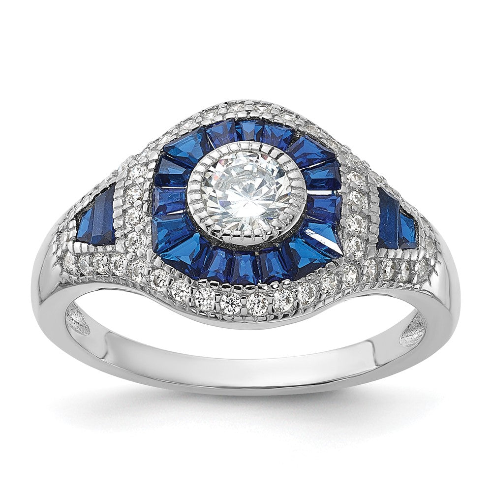 Sterling Silver Rhodium Plated Synthetic Blue Spinel & Cz Ring