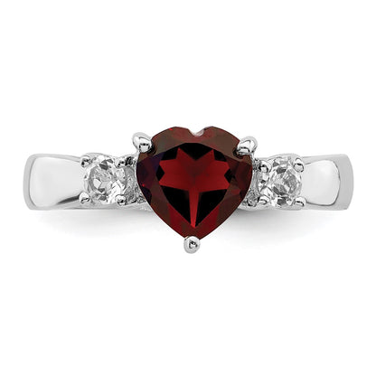 Sterling Silver Rhodium Plated Heart Garnet & White Topaz Ring