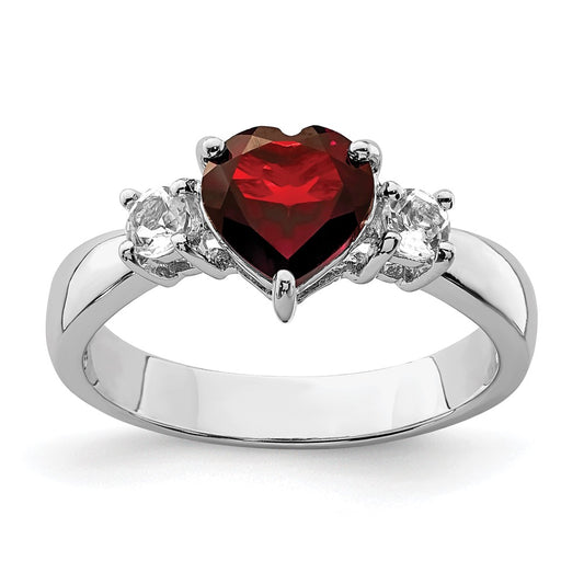 Sterling Silver Rhodium Plated Heart Garnet & White Topaz Ring