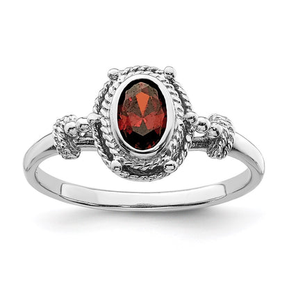Sterling Silver Rhodium Plated With Red Oval Cz Stone Ring (Size 6 Only)
