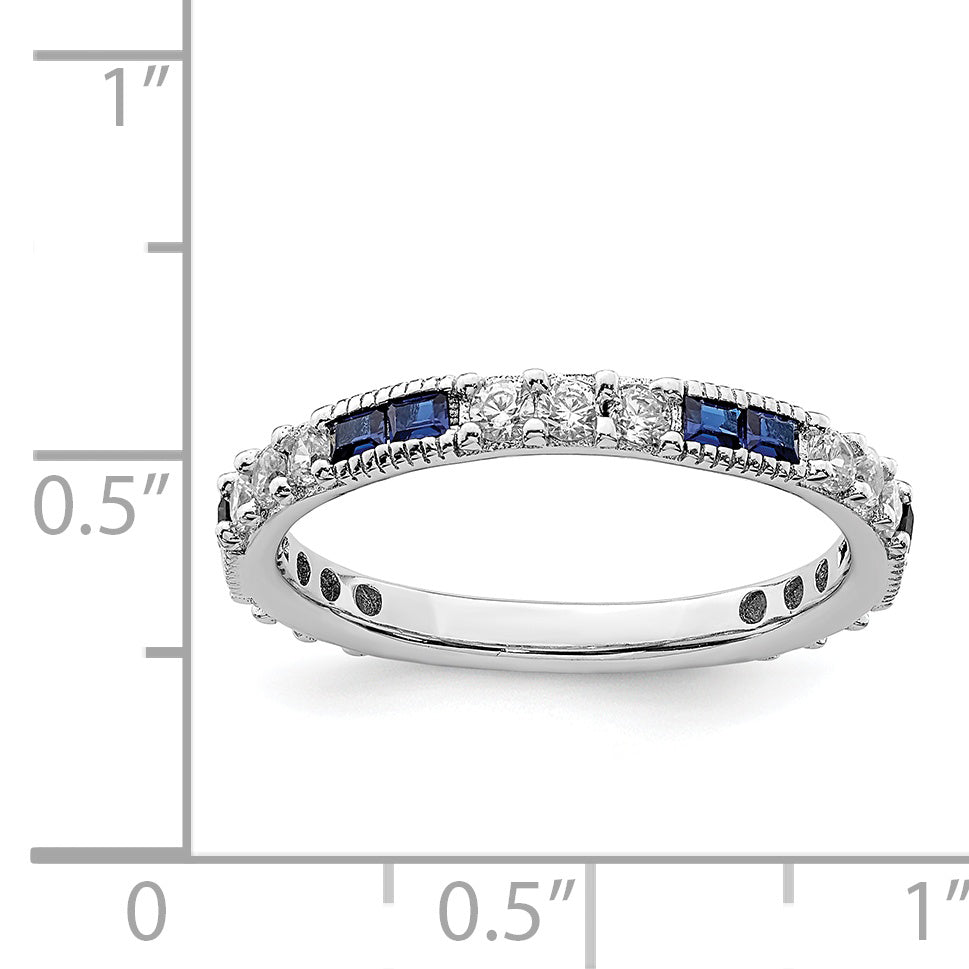 Sterling Silver Rhodium Plated Synthetic Blue Spinel & Cz Ring