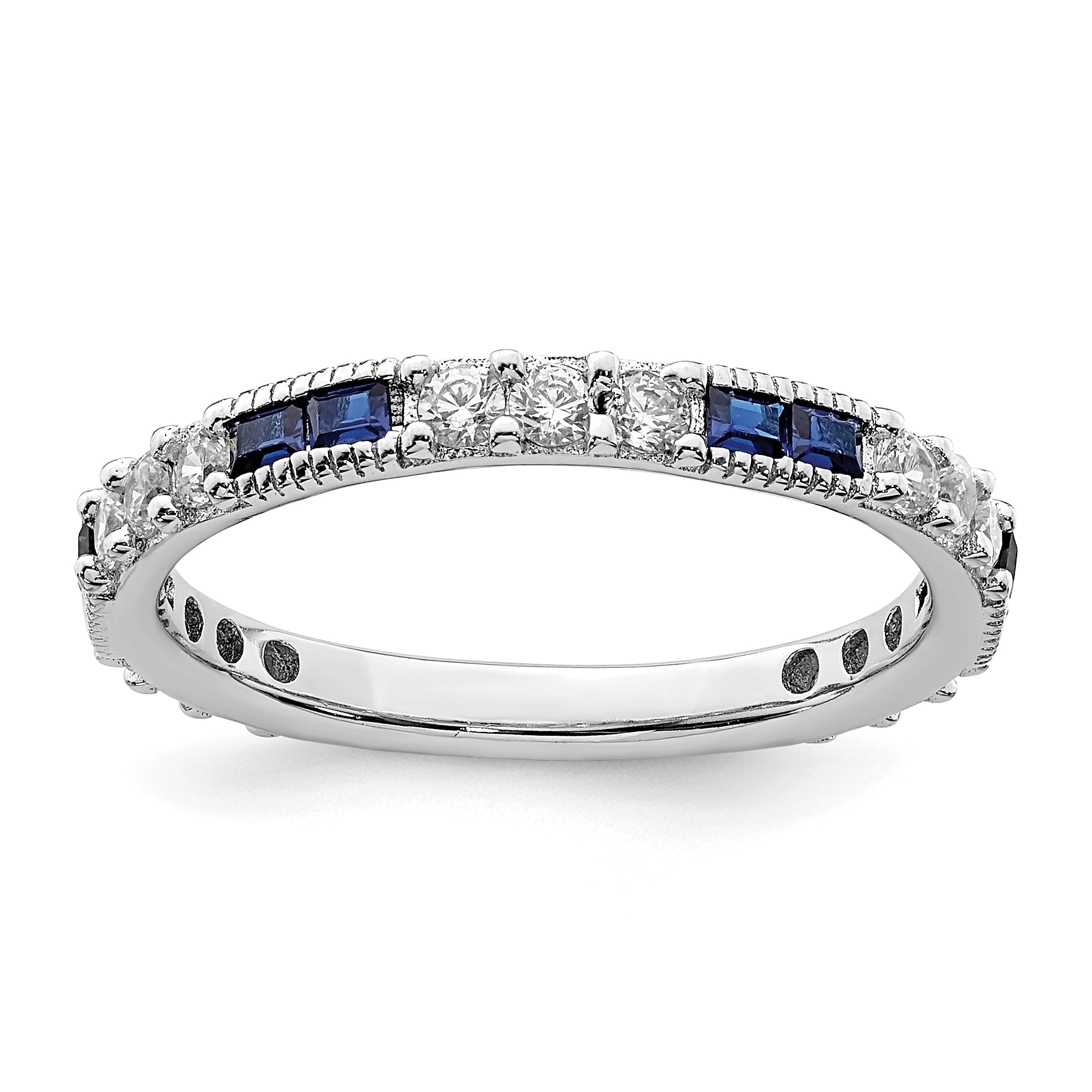Sterling Silver Rhodium Plated Synthetic Blue Spinel & Cz Ring