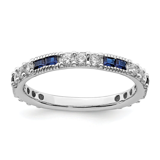 Sterling Silver Rhodium Plated Synthetic Blue Spinel & Cz Ring