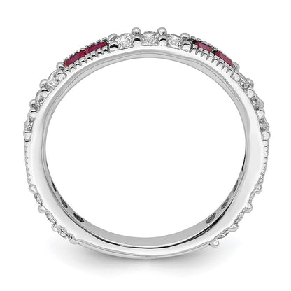 Sterling Silver Rhodium Plated Created Ruby And Round Cz Band