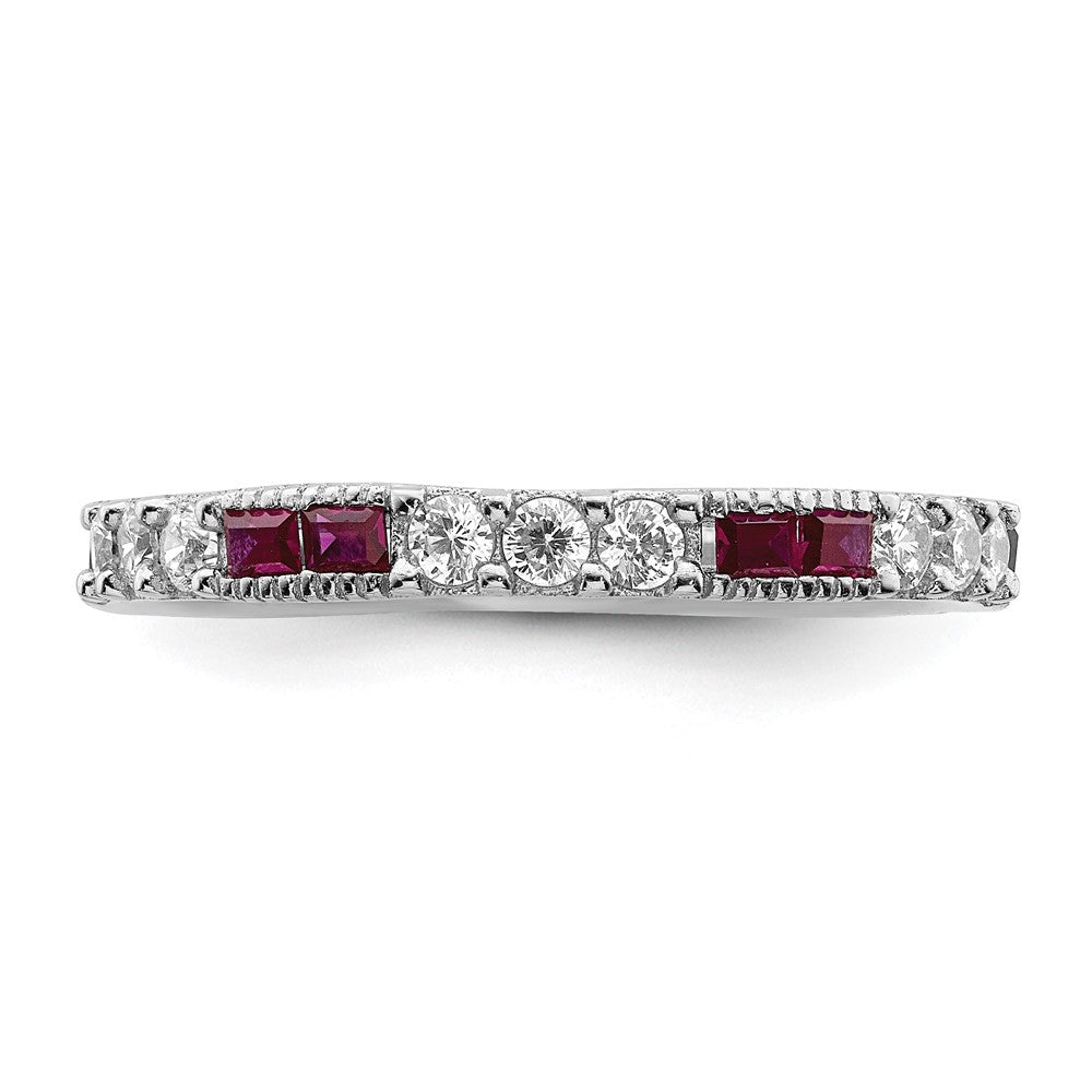 Sterling Silver Rhodium Plated Created Ruby And Round Cz Band