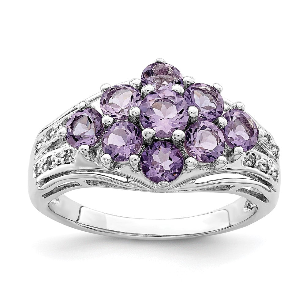 Sterling Silver Rhodium Plated Amethyst & White Topaz Fancy Ring (Size 6 Only)