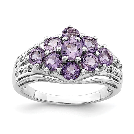 Sterling Silver Rhodium Plated Amethyst & White Topaz Fancy Ring (Size 6 Only)