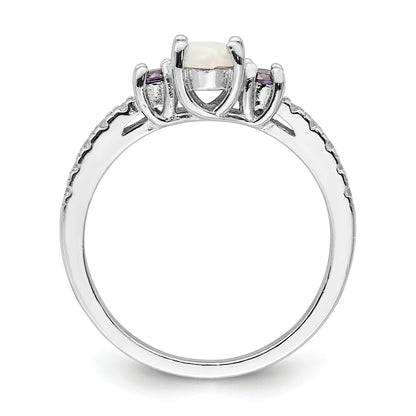 Sterling Silver Rhodium Plated Lab Created Opal/Cz Ring