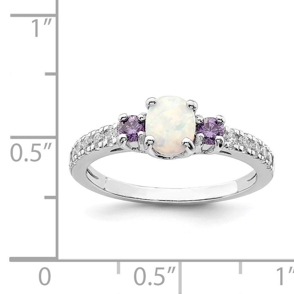 Sterling Silver Rhodium Plated Lab Created Opal/Cz Ring