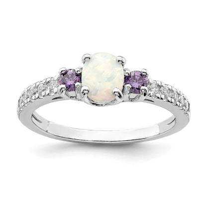 Sterling Silver Rhodium Plated Lab Created Opal/Cz Ring
