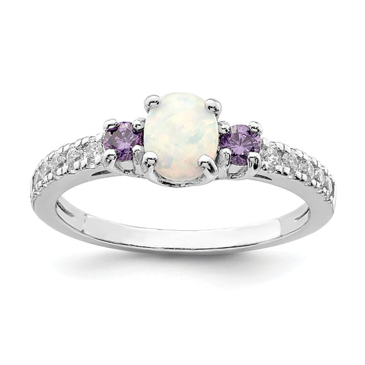 Sterling Silver Rhodium Plated Lab Created Opal/Cz Ring