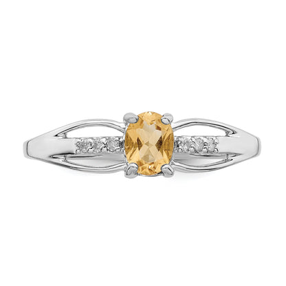 Sterling Silver Rhod Plated Diamond Citrine Ring