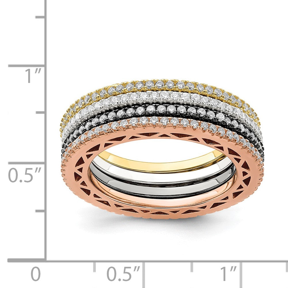 Sterling Silver & Rose, Gold, Black Tone Cz 4 Band Set