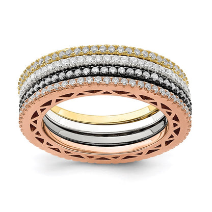 Sterling Silver & Rose, Gold, Black Tone Cz 4 Band Set