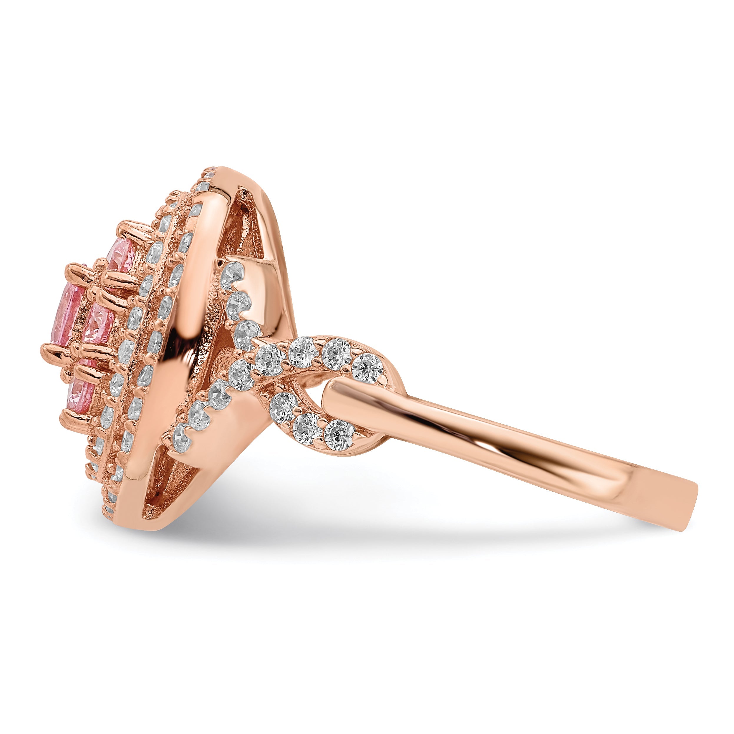 Rose Plated Sterling Silver Pink And White Cz Cushion Ring