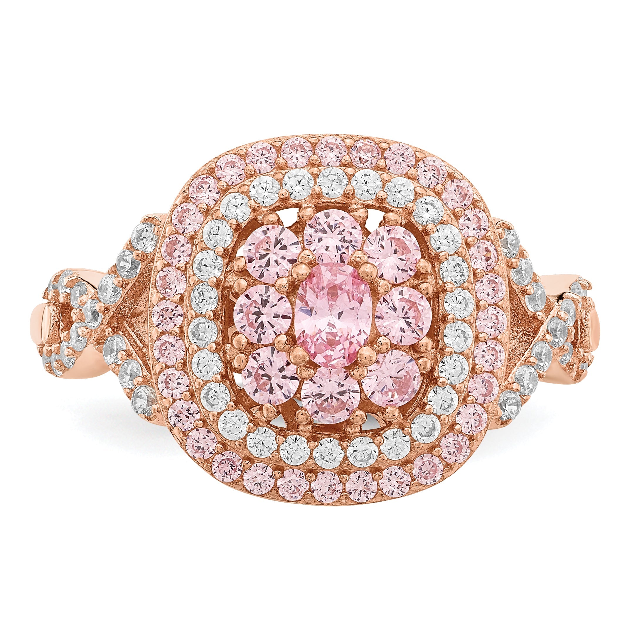 Rose Plated Sterling Silver Pink And White Cz Cushion Ring