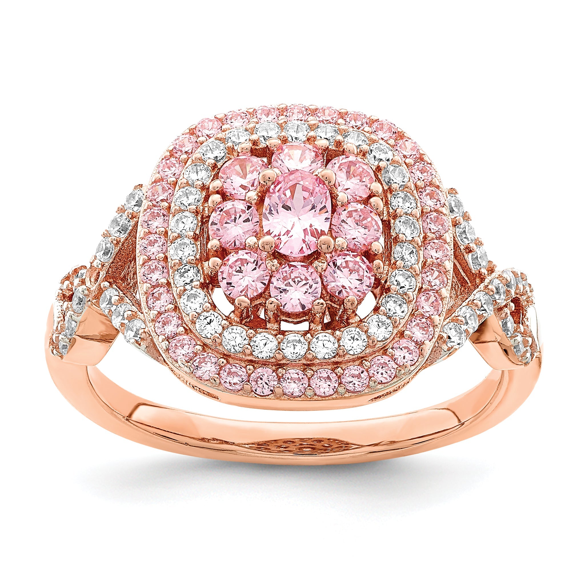 Rose Plated Sterling Silver Pink And White Cz Cushion Ring