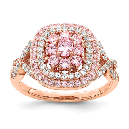 Rose Plated Sterling Silver Pink And White Cz Cushion Ring