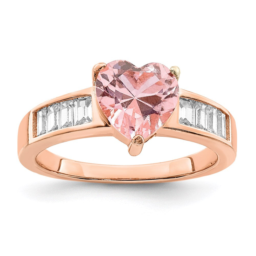 Rose Plated Sterling Silver Crystal Heart And White Cz Baguette Ring